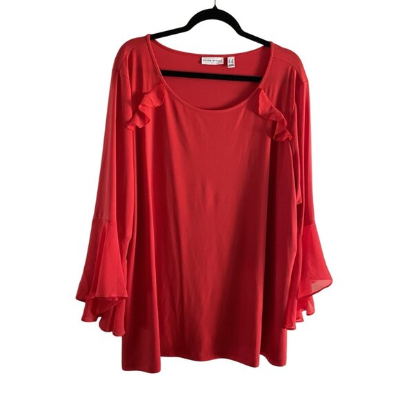 Susan Graver Women 3X Red Liquid Knit Tunic Top With Sheer Chiffon Bell Sleeves - Picture 2 of 11